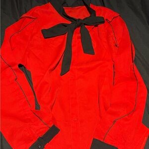 Red Blouse with Black Tie Neck
